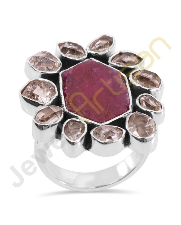 Real Raw Ruby Gemstone with Herkimer diamond Solid Sterling Silver Ring