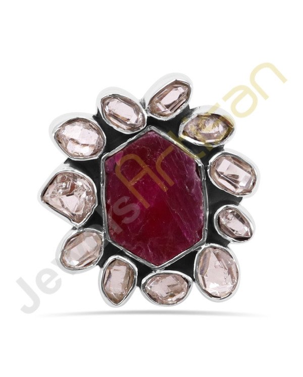 Real Raw Ruby Gemstone with Herkimer diamond Solid Sterling Silver Ring