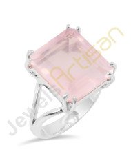 Natural Pink Rose Quartz Solitaire Gemstone Solid Sterling Silver Ring