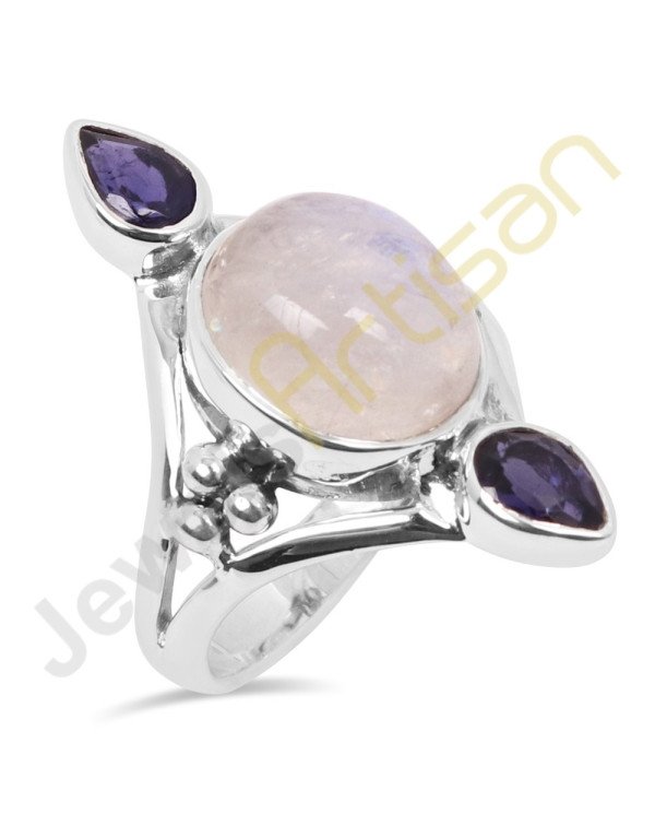 Natural Blue Flashy Rainbow Moonstone and Iolite Multigemstone Solid Sterling Silver Ring