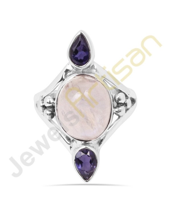 Natural Blue Flashy Rainbow Moonstone and Iolite Multigemstone Solid Sterling Silver Ring