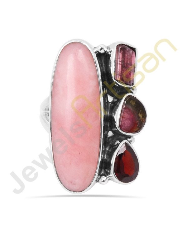 Natural Pink Opal, Tourmaline, Garnet Multigemstone Solid Sterling Silver Ring