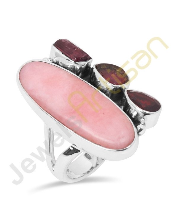 Natural Pink Opal, Tourmaline, Garnet Multigemstone Solid Sterling Silver Ring