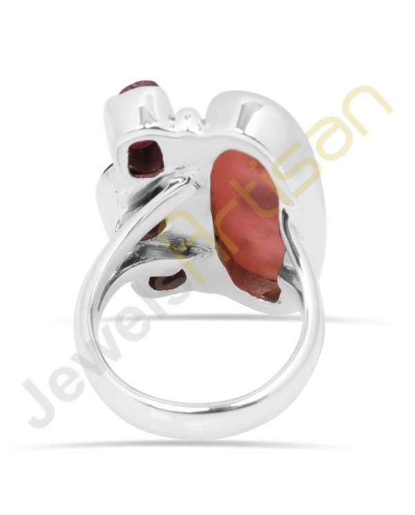 Natural Pink Opal, Tourmaline, Garnet Multigemstone Solid Sterling Silver Ring