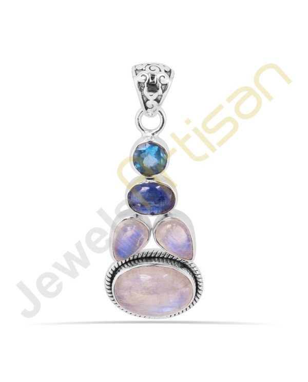 Rainbow Moonstone, Kyanite, Blue Topaz Gemstone Sterling Silver Pendants
