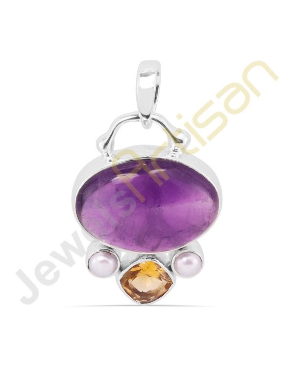 Purple Amethyst, Citrine, Pearl Sterling Silver Handmade Pendants