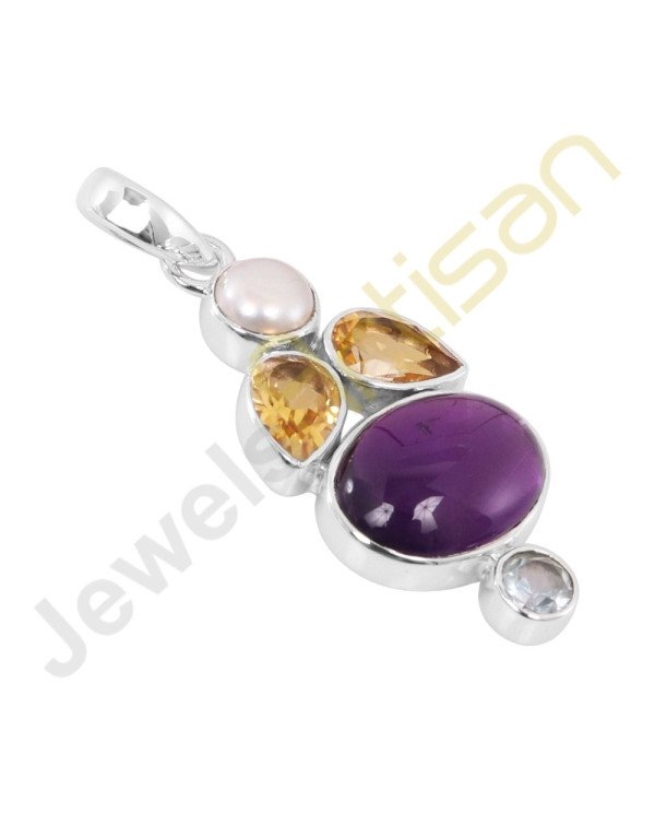 Purple Amethyst, Citrine, Pearl and Blue Topaz Sterling Silver Handmade Pendants