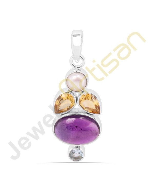 Purple Amethyst, Citrine, Pearl and Blue Topaz Sterling Silver Handmade Pendants