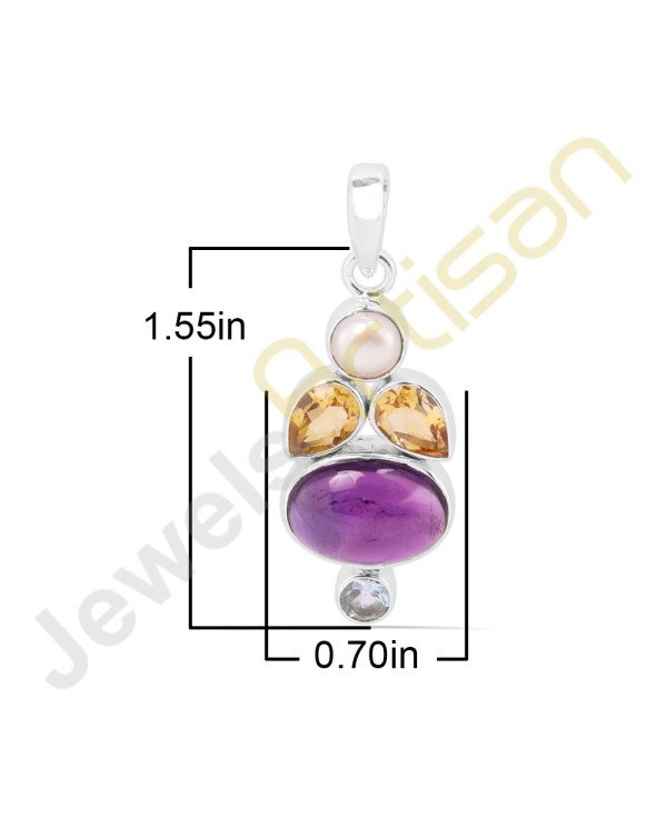 Purple Amethyst, Citrine, Pearl and Blue Topaz Sterling Silver Handmade Pendants