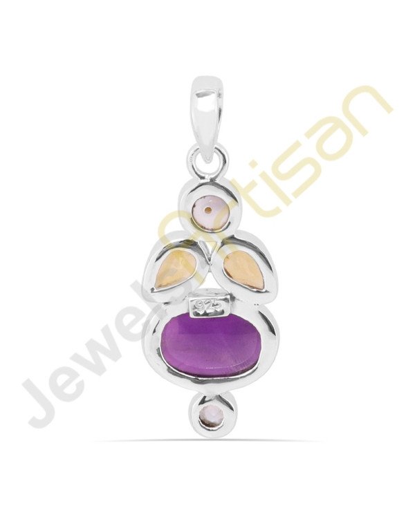 Purple Amethyst, Citrine, Pearl and Blue Topaz Sterling Silver Handmade Pendants