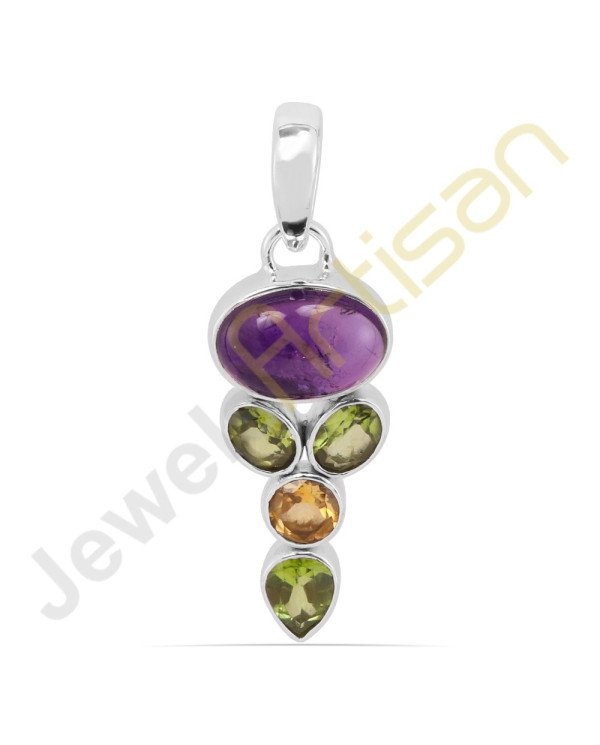 Purple Amethyst, Citrine, Peridot Gemstone 925 Sterling Silver Pendant