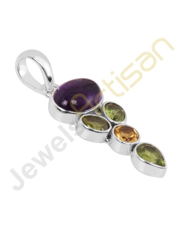 Purple Amethyst, Citrine, Peridot Gemstone 925 Sterling Silver Pendant