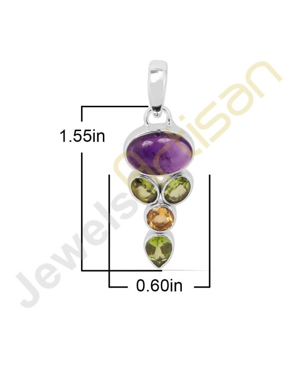 Purple Amethyst, Citrine, Peridot Gemstone 925 Sterling Silver Pendant