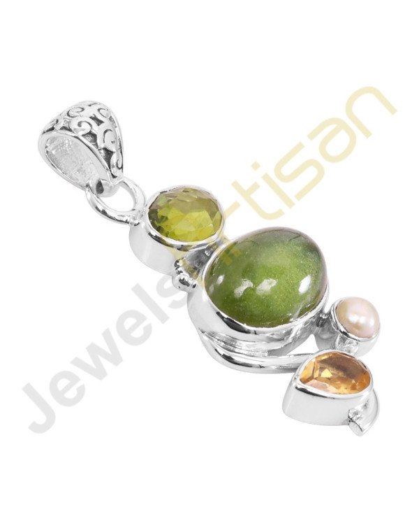 Idocrase, Citrine, Peridot, Pearl Gemstone 925 Sterling Silver Pendant