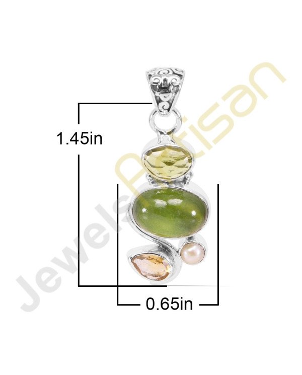 Idocrase, Citrine, Peridot, Pearl Gemstone 925 Sterling Silver Pendant