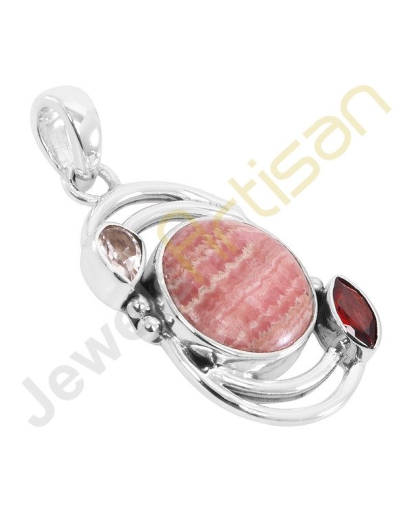 Rhodochrosite, Garnet, Crystal Gemstone 925 Sterling Silver Pendant