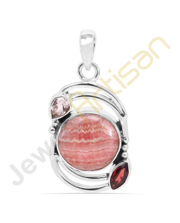 Rhodochrosite, Garnet, Crystal Gemstone 925 Sterling Silver Pendant