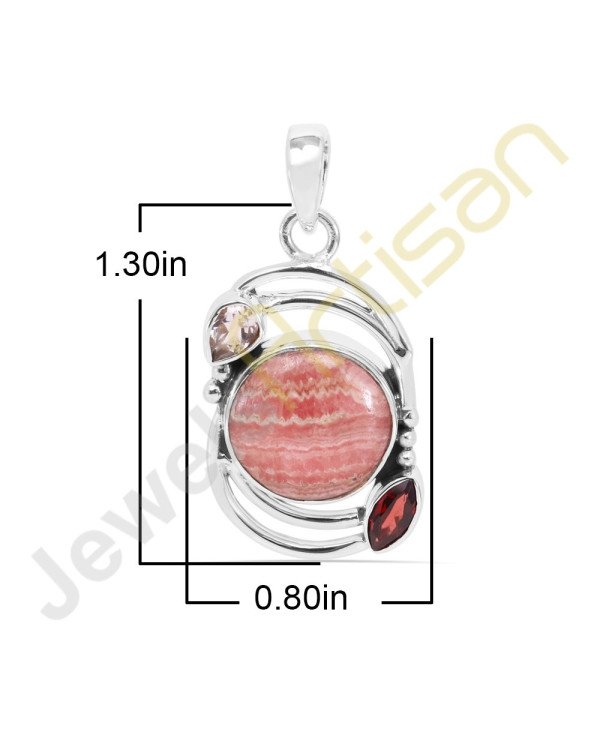 Rhodochrosite, Garnet, Crystal Gemstone 925 Sterling Silver Pendant