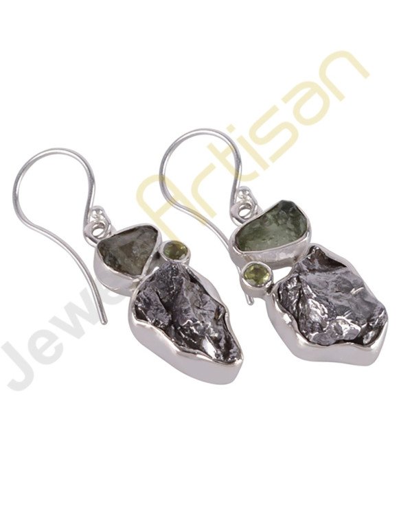 Meteorite, Moldavite and Peridot Multigemstone Handmade sterling silver Earrings