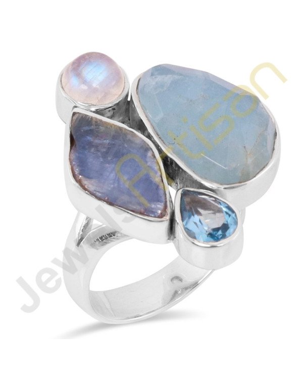 Natural Aquamarine Multigemstone Solid Sterling Silver Ring