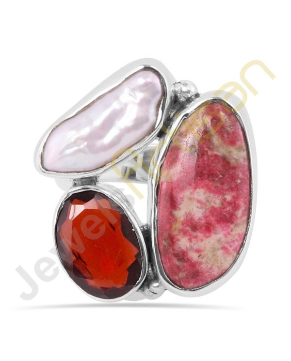 Tulite Jasper Garnet and Pearl Gemstone Solid Sterling Silver Ring