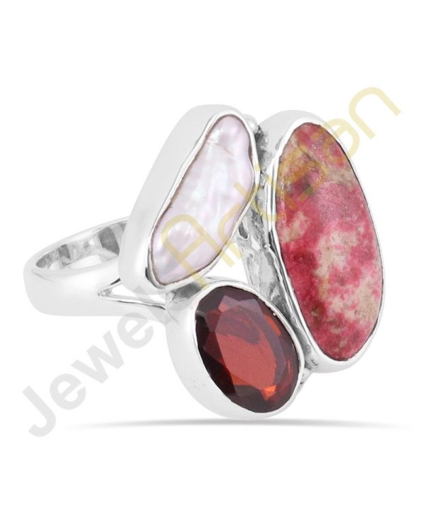Tulite Jasper Garnet and Pearl Gemstone Solid Sterling Silver Ring