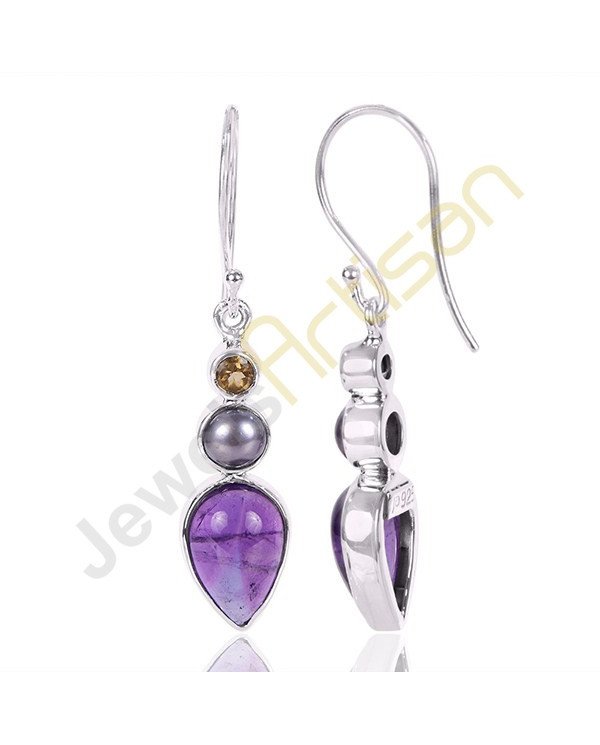 Amethyst, Citrine and Color Pearl Gemstone 925 Sterling Silver Earring