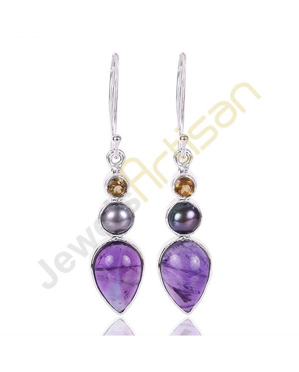 Amethyst, Citrine and Color Pearl Gemstone 925 Sterling Silver Earring