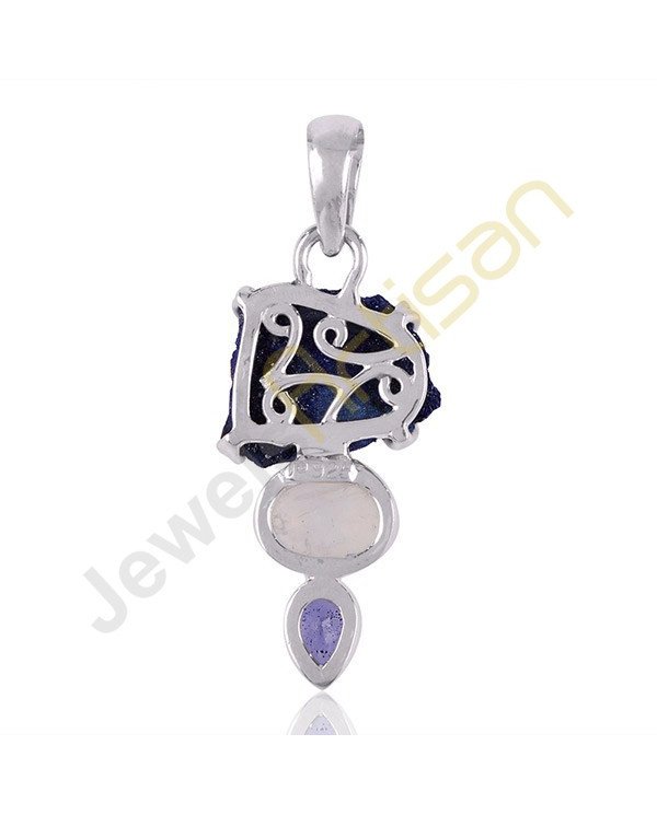 Azurite Druzy Iolite and Rainbow Moonstone Sterling Silver Pendant