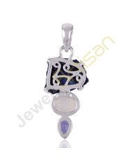 Azurite Druzy Iolite and Rainbow Moonstone Sterling Silver Pendant
