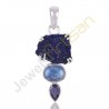 Azurite Druzy Iolite and Rainbow Moonstone Sterling Silver Pendant
