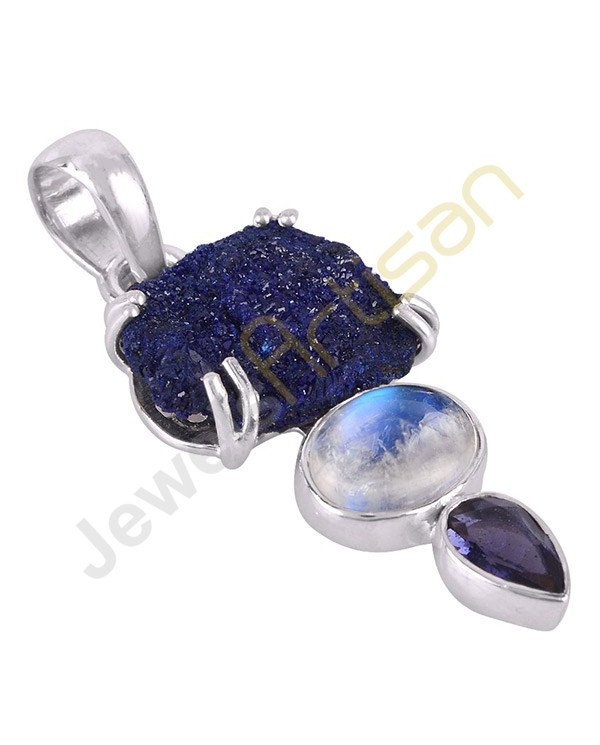 Azurite Druzy Iolite and Rainbow Moonstone Sterling Silver Pendant