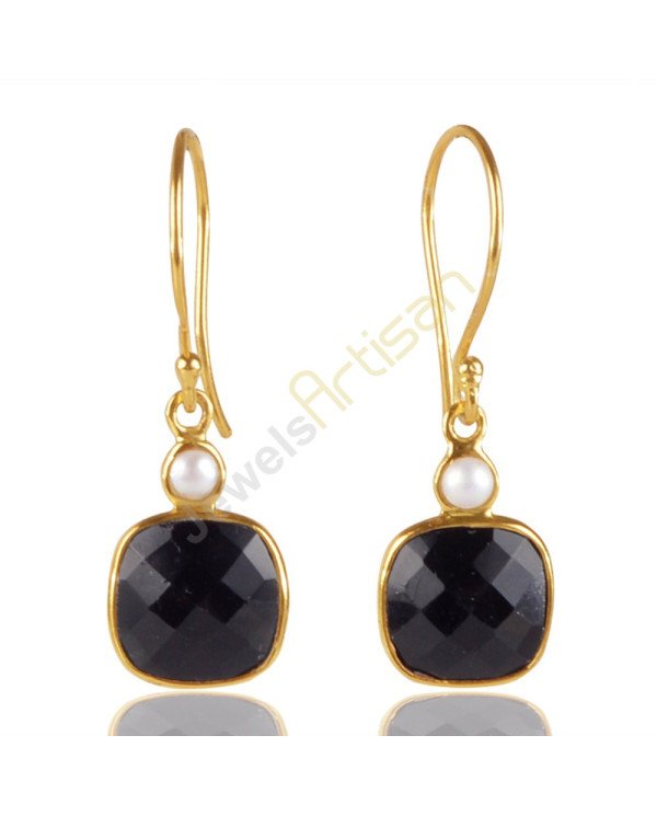 Black Onyx And Pearl Gemstone Sterling Silver Gold Vermeil Earring