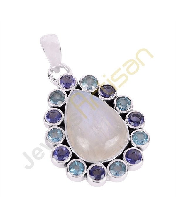 Iolite Rainbow Moonstone And Swiss Blue Topaz Gemstone 925 Sterling Silver Pendants