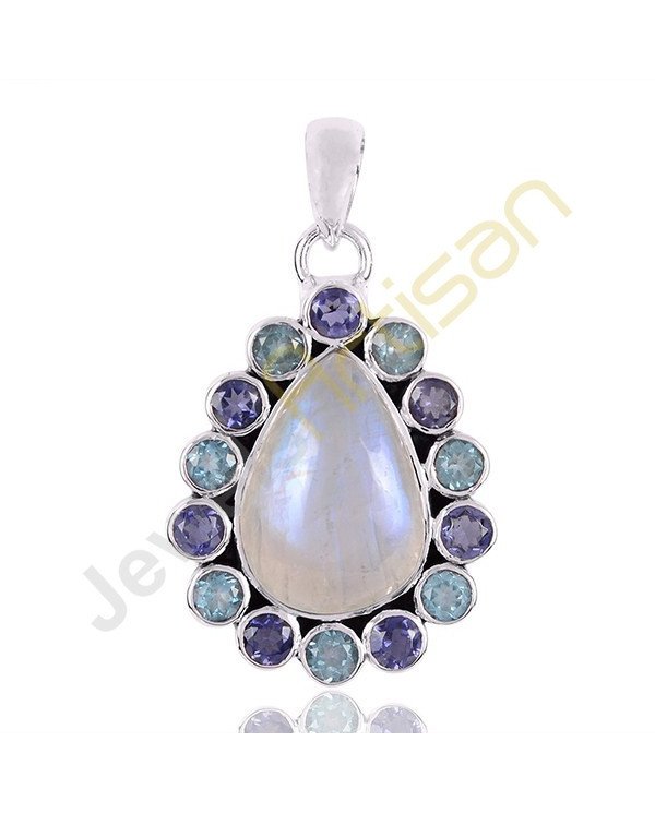 Iolite Rainbow Moonstone And Swiss Blue Topaz Gemstone 925 Sterling Silver Pendants