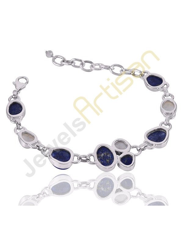 Rainbow Moonstone And Lapis Gemstone 925 Sterling Silver Bracelet