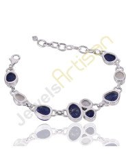 Rainbow Moonstone And Lapis Gemstone 925 Sterling Silver Bracelet
