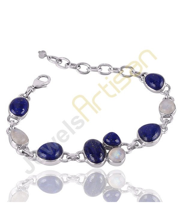 Rainbow Moonstone And Lapis Gemstone 925 Sterling Silver Bracelet