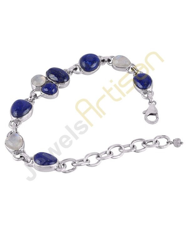 Rainbow Moonstone And Lapis Gemstone 925 Sterling Silver Bracelet