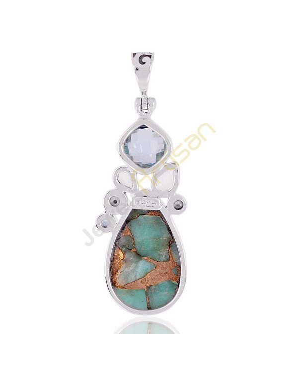 Amanzonite Turquoise, Blue Topaz, Crystal, Pearl Multigemstone 925 Sterling Silver Pendant
