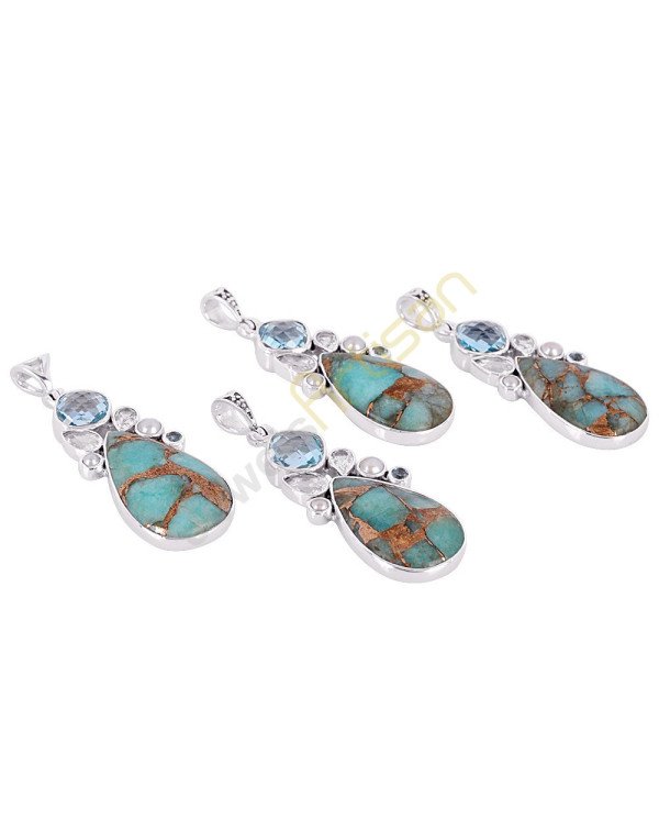 Amanzonite Turquoise, Blue Topaz, Crystal, Pearl Multigemstone 925 Sterling Silver Pendant