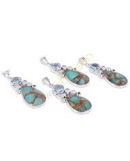 Amanzonite Turquoise, Blue Topaz, Crystal, Pearl Multigemstone 925 Sterling Silver Pendant