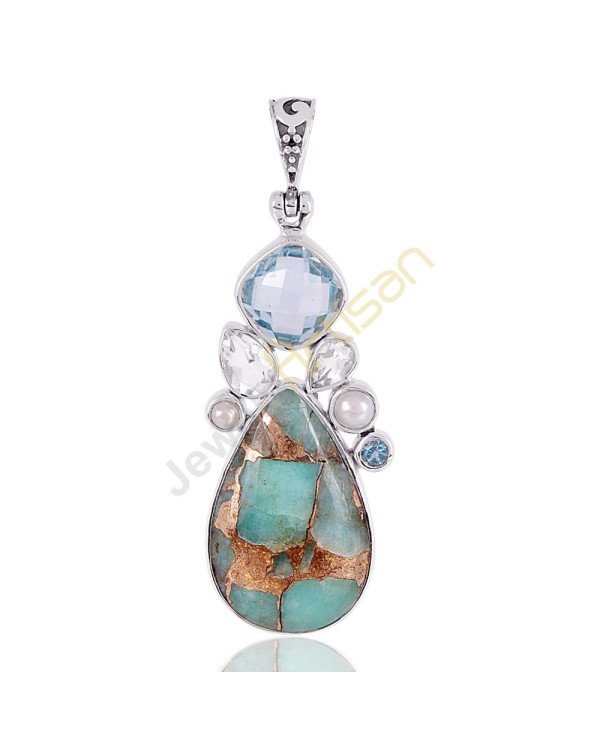 Amanzonite Turquoise, Blue Topaz, Crystal, Pearl Multigemstone 925 Sterling Silver Pendant