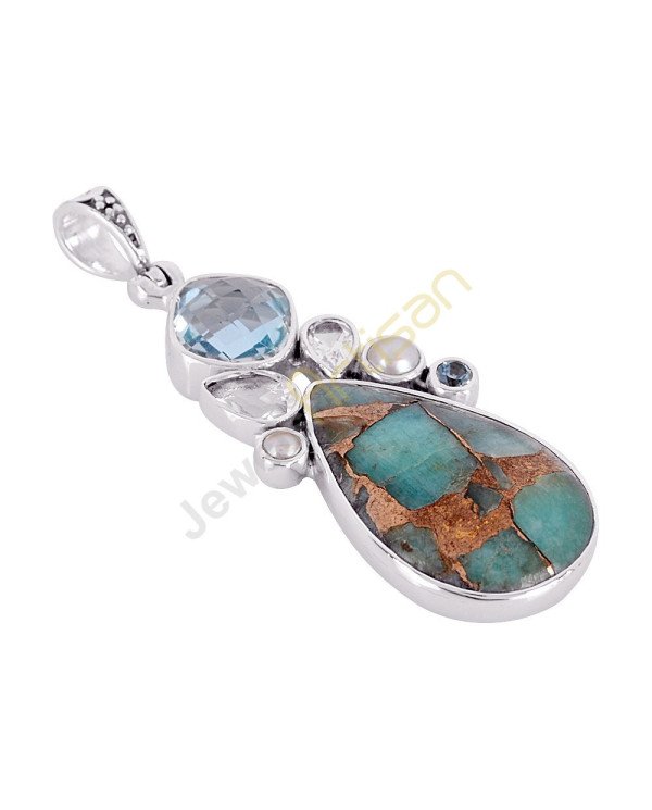 Amanzonite Turquoise, Blue Topaz, Crystal, Pearl Multigemstone 925 Sterling Silver Pendant