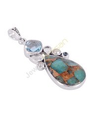 Amanzonite Turquoise, Blue Topaz, Crystal, Pearl Multigemstone 925 Sterling Silver Pendant