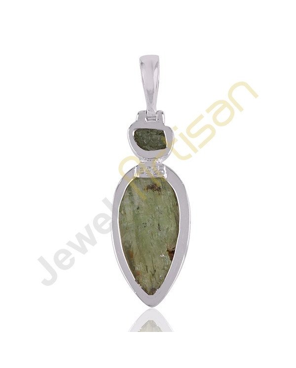 Natural Raw Moldavite Pendant, Green Kyanite Pendant, Sterling Silver Handmade Pendant