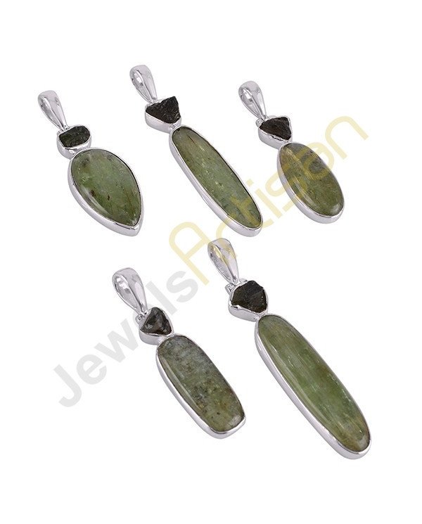 Natural Raw Moldavite Pendant, Green Kyanite Pendant, Sterling Silver Handmade Pendant