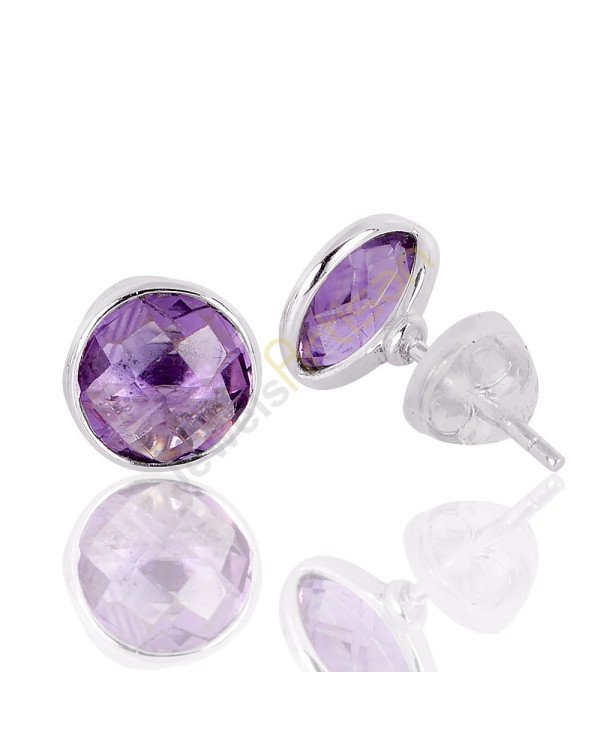 Natural Purple Amethyst Gemstone 925 Sterling Silver Stud Earrings.