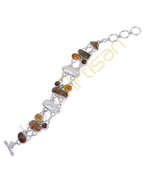Amber Ammonite Garnet Peridot And Pearl Gemstone 925 Sterling Silver Bracelet
