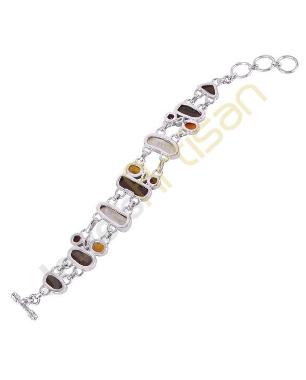 Amber Ammonite Garnet Peridot And Pearl Gemstone 925 Sterling Silver Bracelet